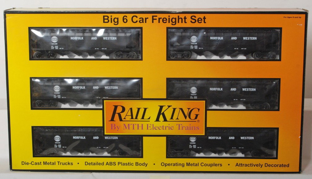 Railking Norfolk and Western six car hopper set: MTH Railking modern O gauge Norfolk and Western 30-7535 six car hopper set in OB. C8 condition with run time. OBs have light corner and edge wear.