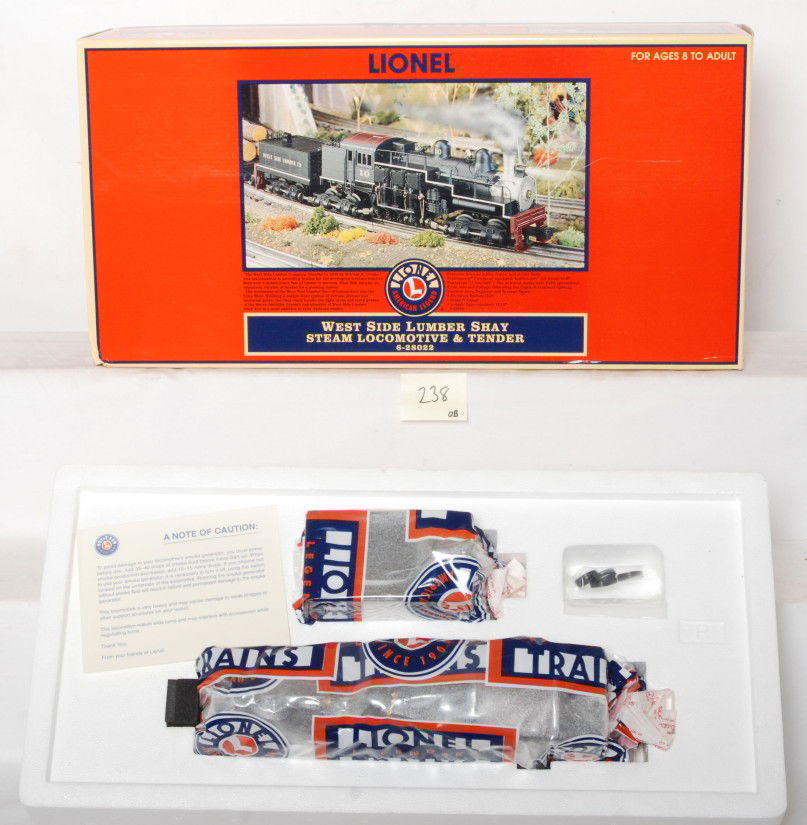 Lionel 28022 West Side Lumber shay: Lionel modern O gauge 28022 West Side Lumber shay steam locomotive in OB. Loco features TMCC, Railsounds, Electrocoupler, fan driven smoke unit and much more. Loco is factory wrapped in inner carton.