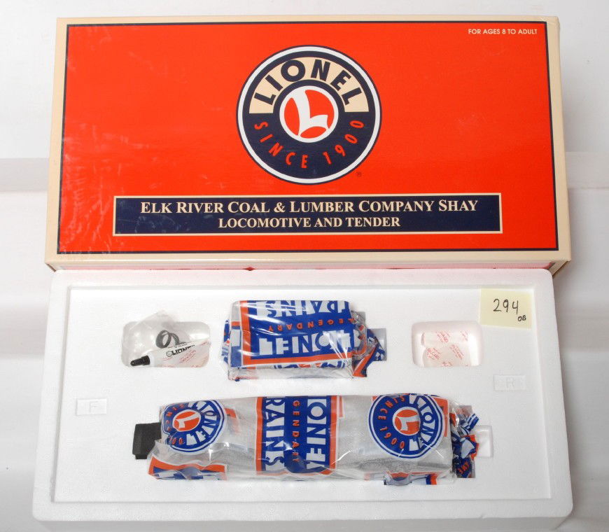 Lionel 38066 Elk River Coal and Lumber Shay: Lionel modern O gauge 38066 Elk River Coal shay steam locomotive in OB. Loco features TMCC, Railsounds, Electrocoupler, fan driven smoke unit and much more. Loco is still factory wrapped in inner cart