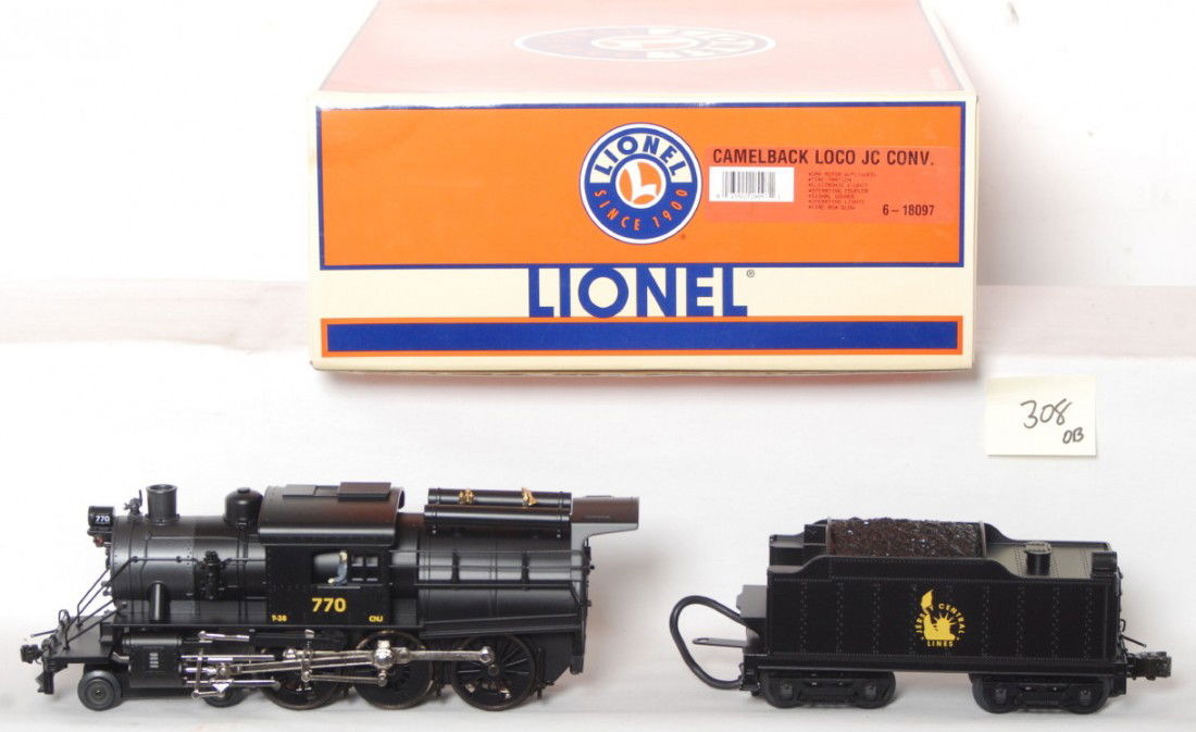 Lionel Jersey Central camel back conventional: Lionel modern O Gauge Jersey Central camel back steam locomotive in OB. 18097 conventional version featuring signal sounds, firebox glow, smoke and much more. Loco is C8 condition with light run time.