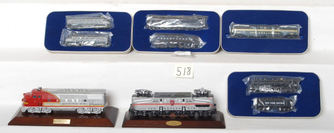 Lionel Century Club models, Big Rugged trains, etc: Lionel modern O gauge Century Club items. Includes Santa Fe F3-A on display base, 4866 silver GG-1 on display base, New York Central 2333 A-A big rugged model, 671 Pennsylvania turbine big rugged mode