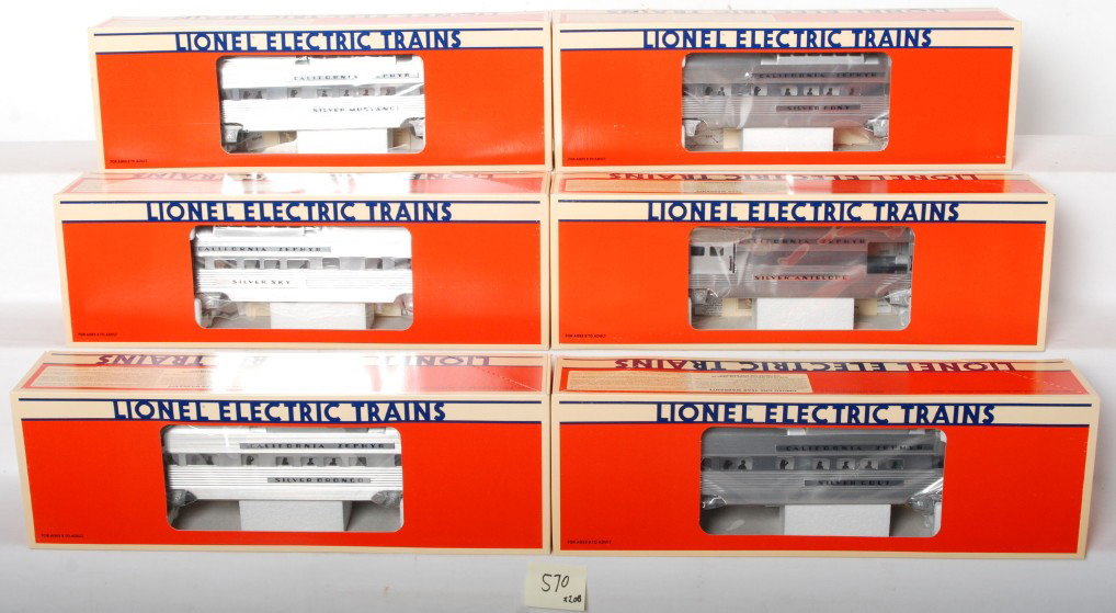 Lionel Zephyr 19122 19123 19124 19125 19126 19127: Lionel modern O Gauge California Zephyr passenger cars in OBs. Includes 19122 baggage, 19123 Silver Bronco vista dome, 19124 Silver Colt vista dome, 19125 Silver Mustang vista dome, 19126 Silver Pony 