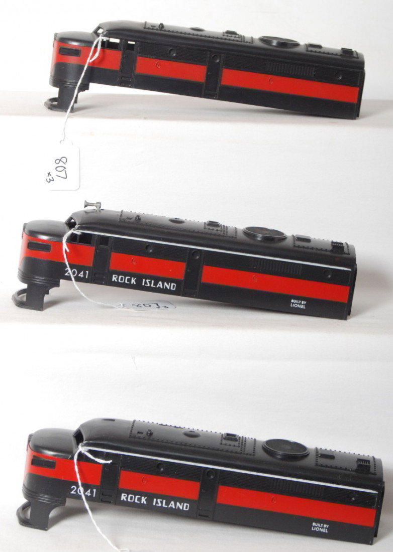 Lionel 2041, 2041, undecorated, Alco shells NOS: Postwar Lionel O gauge New Old Stock Alco diesel shells. Two 2041 Rock Island, and one undecorated red and black Alco diesel A unit. Shells have some normal bin marks associated with all of these shel