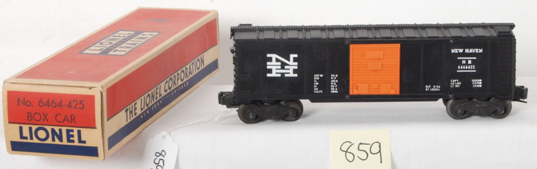 Lionel No. 6464-425 New Haven type IIb in OB: Postwar Lionel O gauge No. 6464-425 New Haven boxcar, type IIb in original box, unrun C9-10. Box is beautiful C9 area with a shallow crease to a side panel. Beautiful boxed example in New Old Stock lo