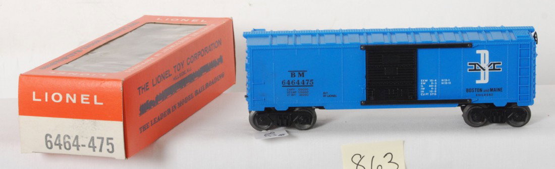 Lionel No. 6464-475 Boston & Maine type IV in OB: Postwar Lionel O gauge No. 6464-475 Boston and Maine boxcar, unpainted type IV in original box, unrun C9-10. Box is super square and solid, bright and very clean C8+.