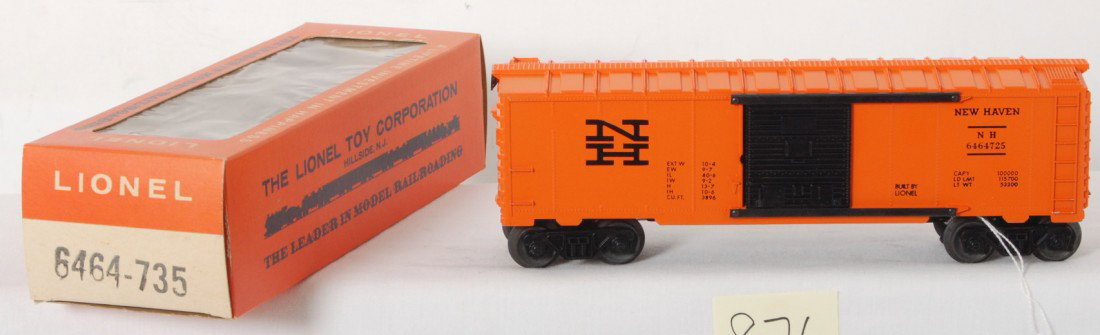 Lionel No. 6464-735 light orange NH boxcar in OB: Postwar Lionel O gauge No. 6464-735 New Haven boxcar, light orange variation in original box, unrun C9-10. Box is a Brick C9-10. Beautiful boxed example in New Old Stock look.