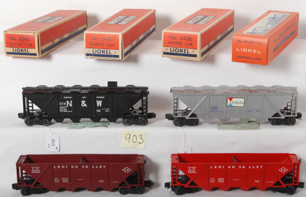 Lionel 6346, 6436-25, 6436-110, 6446-25 in OB: Postwar Lionel O gauge 6346 Alcoa, 6436-25 Lehigh Valley, 6436-110 Lehigh Valley w/built date, 6446-25 Norfolk and Western, hoppers, unrun C9-10. Boxes look very bright and clean C9-10.