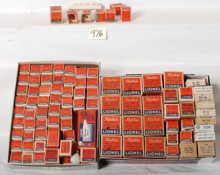 Huge lot of Lionel postwar lamps in OB, NICE LOT: Postwar Lionel O gauge and possibly standard gauge lamps for trains, cabooses, accessories and possibly more. Great selection of lamps with a large number of smoke bulbs. Boxes look great C8-10. Some 