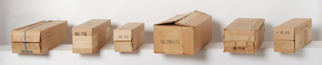 Lionel boxes, 250, 646, 736LTS, X1615, and 2046: Postwar Lionel O gauge locomotive original boxes and master cartons. No. 250, X No. 1615, No. 646, No. 2046 with insert, 736LTS with loco box (no tender box). Boxes look C8-9.