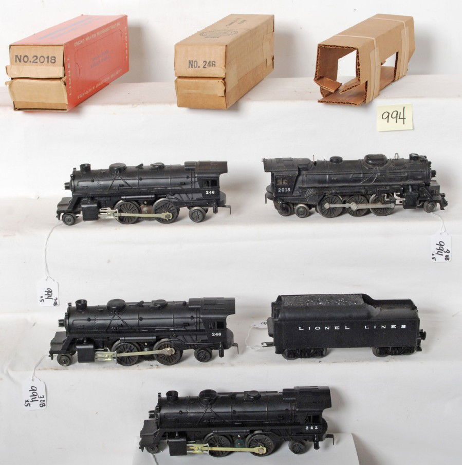 Lionel No. 242, 246, 246, 2018, tender, some boxes: Postwar Lionel O gauge No. 242 steam loco, two No. 246 steam locos, No. 2018 steam loco, and an unnumbered Lionel Lines tender. 2018 OB w/sleeve and one 246 OB, C9-10 area. One 246 has an insert with