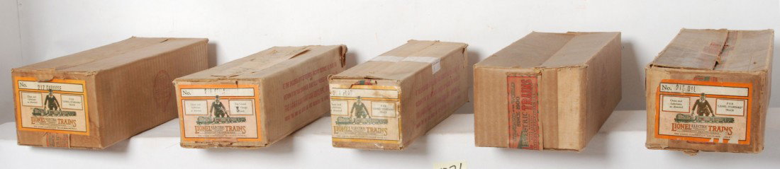 Lionel 211, 213, 215, 216, 217 empty original box: Prewar Lionel standard gauge freight car original boxes, some older tape, and writing, O/W nice C7-8. 211 flat, 213 cattle, 215 oil, 216 D. Green Ballast, and 217 caboose. Empty boxes only.