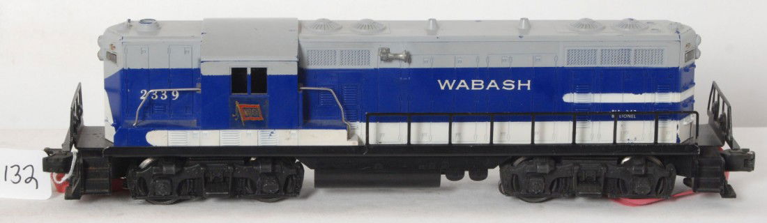 Lionel No. 2339 Wabash GP diesel locomotive: Postwar Lionel O gauge No. 2339 Wabash GP diesel locomotive with cracked shell. Train otherwise looks very clean C6.
