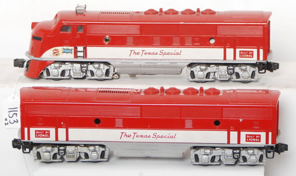 Lionel No. 2245 MKT The Texas Special F3 A-B unit: Postwar Lionel O gauge No. 2245 MKT The Texas Special EMD F3 A-B diesel locomotive units, missing three portholes, nicer clean and shiny C6+. Perfectly clean battery compartment.