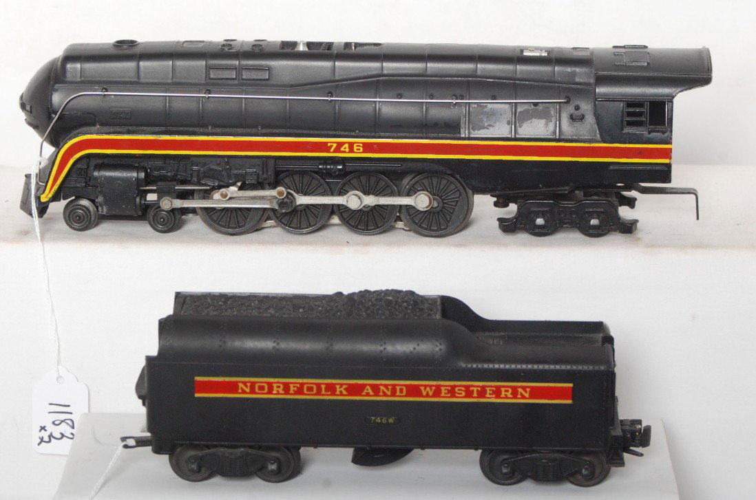 Lionel 746 Norfolk and Western J class streamline: Postwar Lionel O gauge No. 746 Norfolk and Western J class streamlined steam locomotive and tender, very nice looking locomotive and tender stripes. Trains look more C7+, however the tender deck has s
