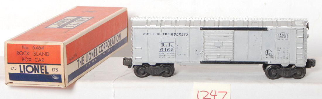 Tough Lionel black letter 6464-175 Rock Island bo: Unusual Lionel postwar O gauge 6464-175 Rock Island boxcar with black lettering. One side is C7+, the other side has a few very minor scuffs and a small rub on the roof. OB is C8-9.