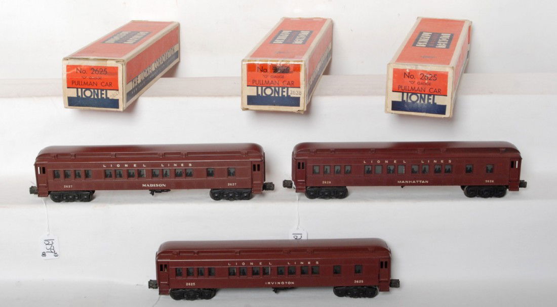 Lionel 2625, 2627 and 2628 Madison cars, OB: Lionel postwar O gauge Madison type cars including 2625 Irvington, 2627 Madison and 2628 Manhattan. Trains are C7. Boxes are have all flaps, some repairs, with inserts, view photos of boxes for best d