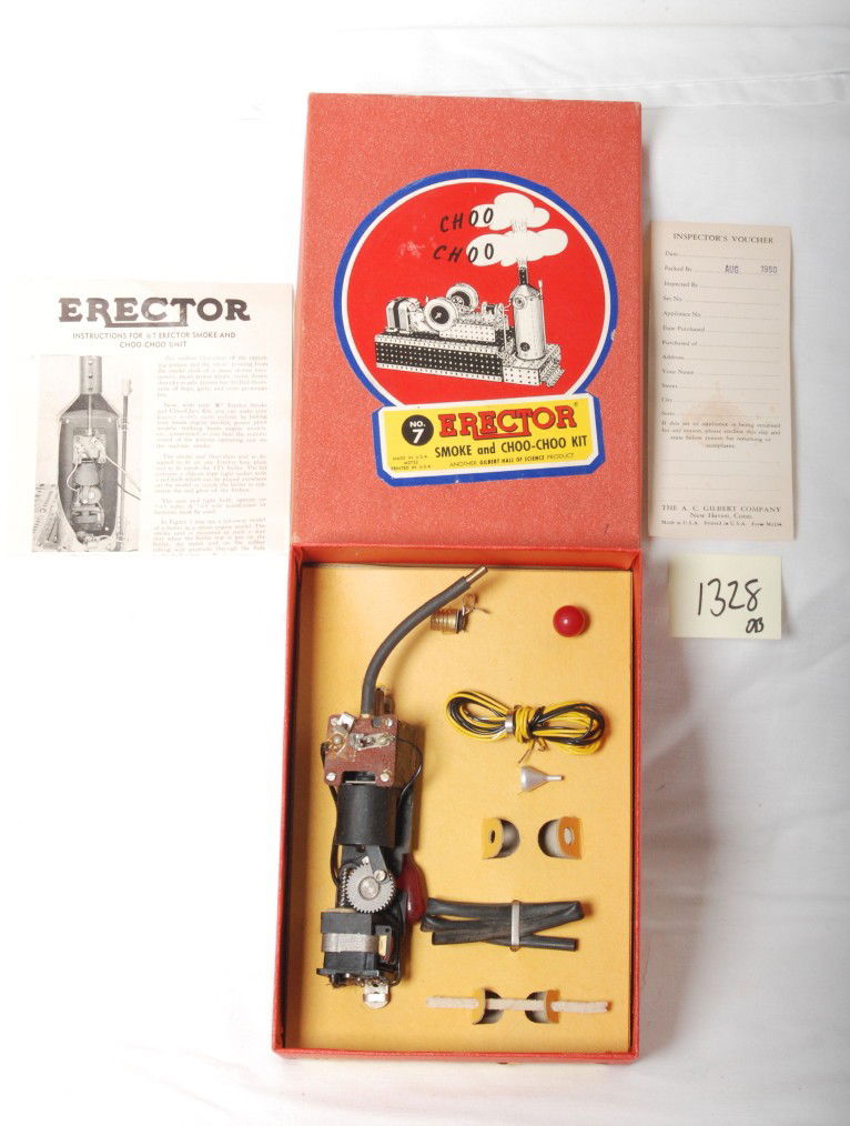 Gilbert Erector No. 7 Smoke and Choo Choo kit: Gilbert Erector 1950 No. 7 smoke and choo choo kit in OB. The box is C7 condition. Set appears to be missing one component, See photos for best description. Parts appear to be lightly used.