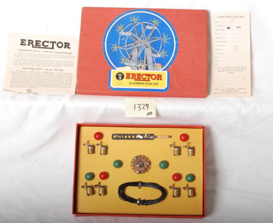 Gilbert Erector 1950 No. 5 illumination kit: AC Gilbert Erector 1950 No. 5 illumination kit in OB. Parts are C8-9. OB shows some corner and edge wear.