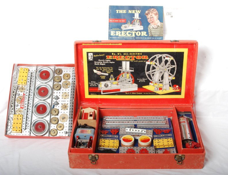 Gilbert Erector 1951 8 1/2 set: AC Gilbert Erector 8 1/2 set from 1951. Set is complete with original inserts and manual. Lower insert has a tape repair. Manual has some light wear. Parts are C7 condition. Cardboard set box has some