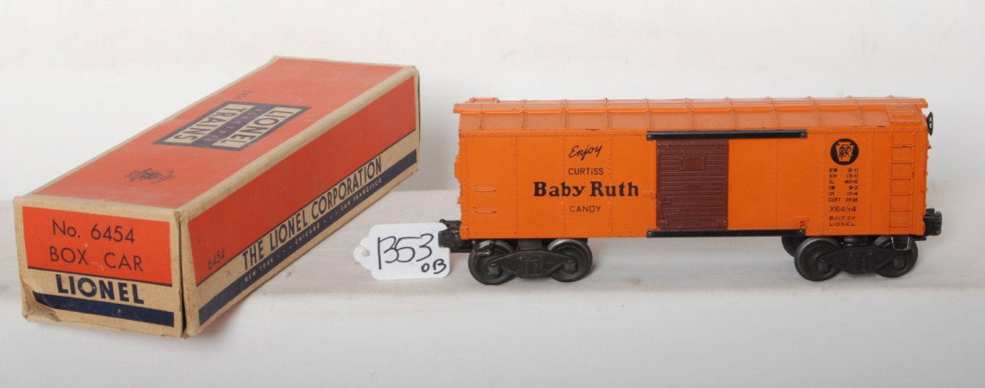 Unusual Lionel X6454 Baby Ruth boxcar, OB: Unusual Lionel postwar O gauge X6454 PRR Baby Ruth boxcar, brown door, great lettering, C6. OB C7.