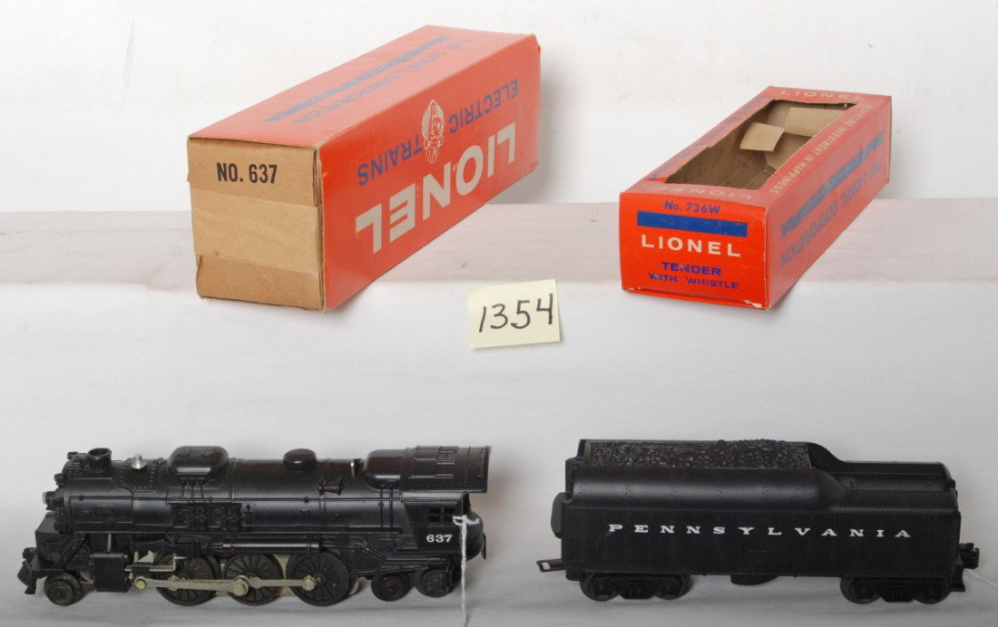 Unrun Lionel 637 steam loco, 736W tender, OB: Lionel postwar O gauge 637 steam locomotive with 736W Pennsylvania tender. Both are unrun, C9-10. Boxes are very nice but missing the perf fronts.