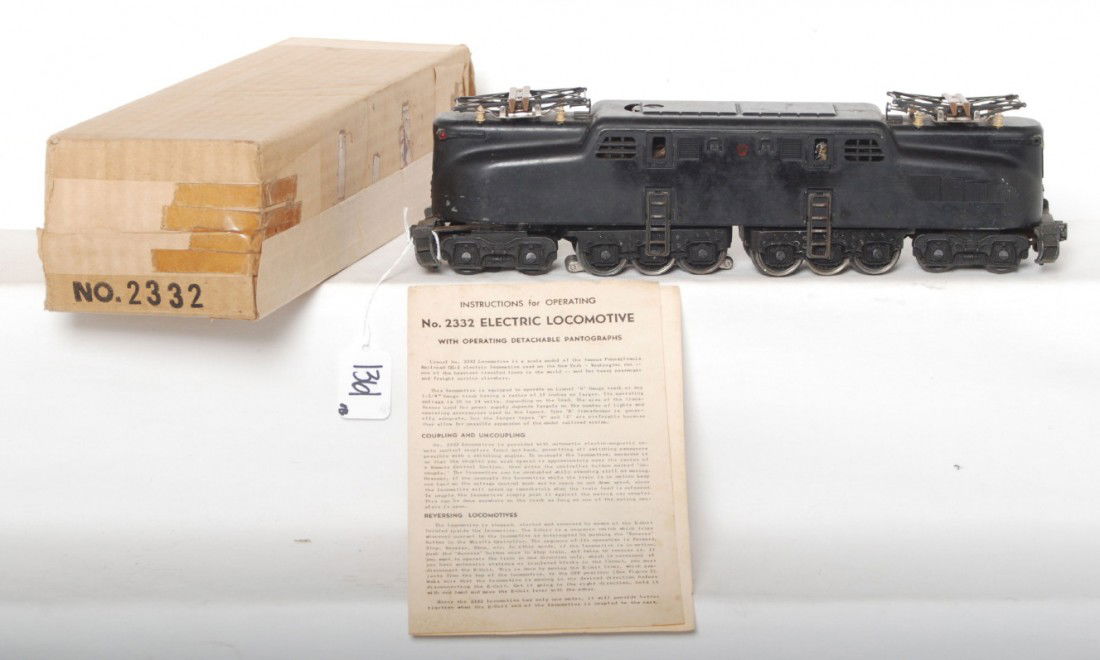 Original Lionel 2332 black GG1, OB: Lionel postwar O gauge 2332 GG1, hard black variation with original paint, stripes are faint. Rubber stamp key stone variation. All original C6. OB has flaps but incorrect tape on side. Includes 1947