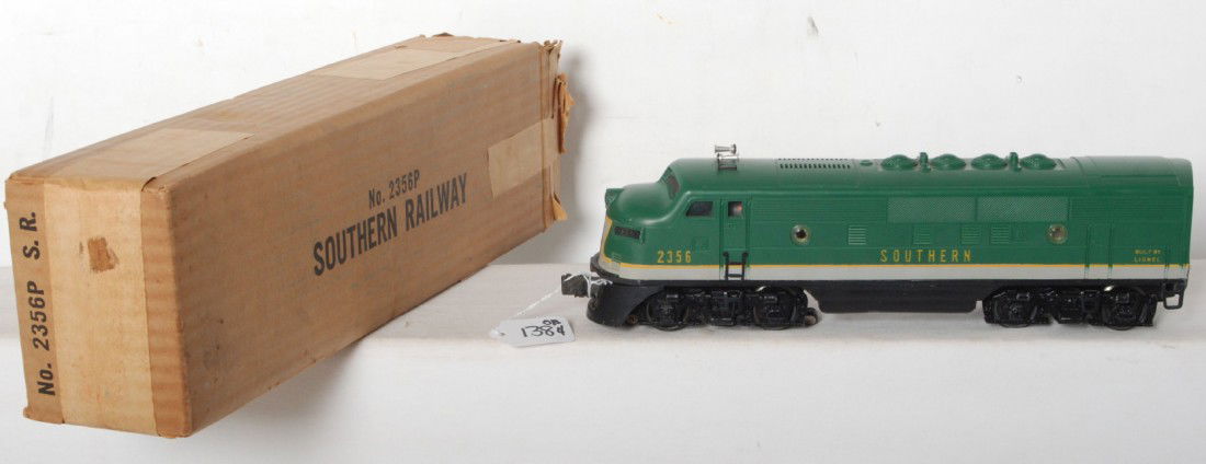 Lionel No. 2356 Southern F3a diesel locomotive in: Postwar Lionel O gauge No. 2356 Southern F3a diesel locomotive in original box. Repainted/partially repainted chassis and side frames. Shell looks great C7 area with either touchups or blemishes at he