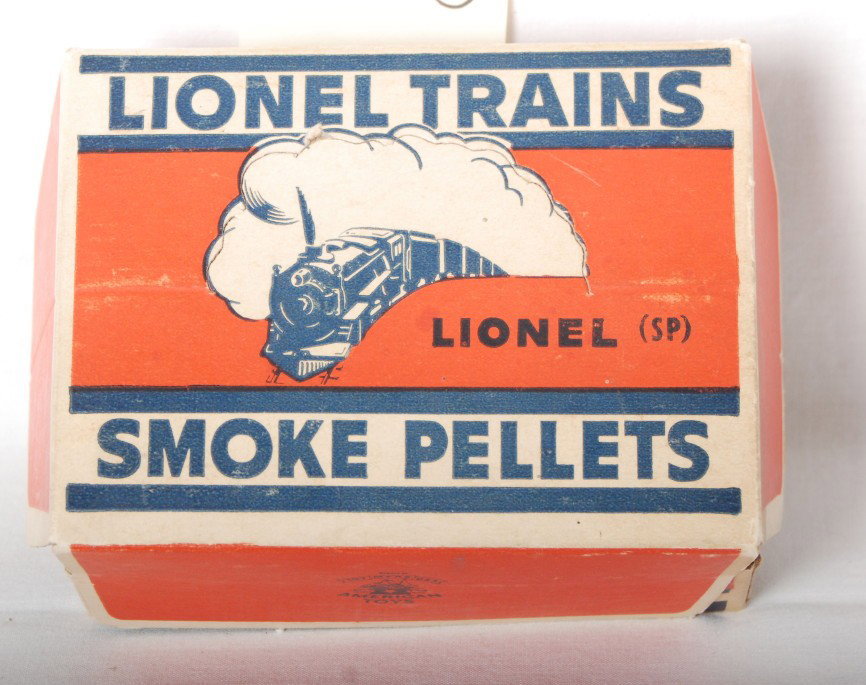 Lionel counter top dealer display individual sal: Postwar Lionel master carton for counter top dealer display of individual sale SP bottles of smoke pellets. Master carton looks C9, bottles all match and are full, very clean and bright.