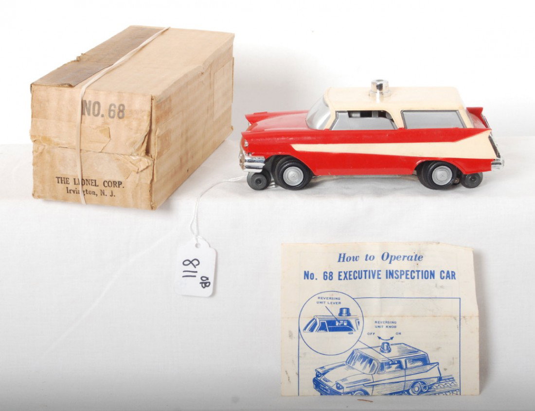 Lionel No. 68 executive inspection car in OB: Postwar Lionel O gauge No. 68 executive inspection car in original box with instructions sheet, great looking C8 with unrun wheels and rollers. Box looks nice C7-8.