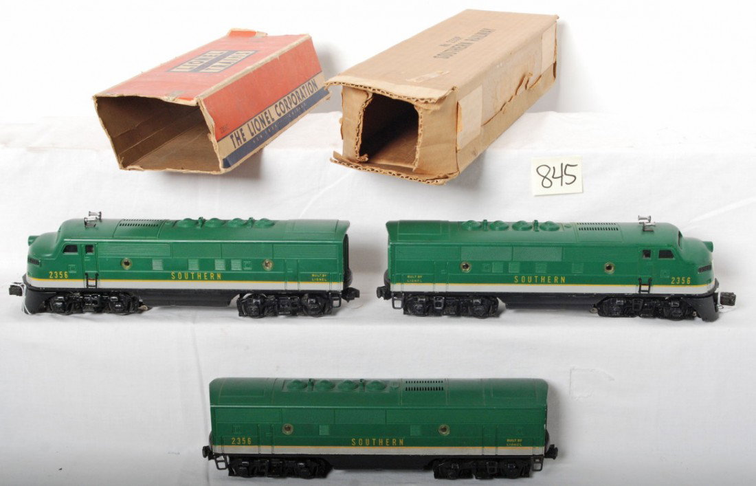 Lionel 2356P, 2356C, 2356T Southern A-B-A two OB: Postwar Lionel O gauge 2356P powered unit, 2356C dummy B unit, and 2356T dummy A unit, Southern Railway diesel locomotives with two original boxes. Dummy A unit has a very small touchup to cab corner.