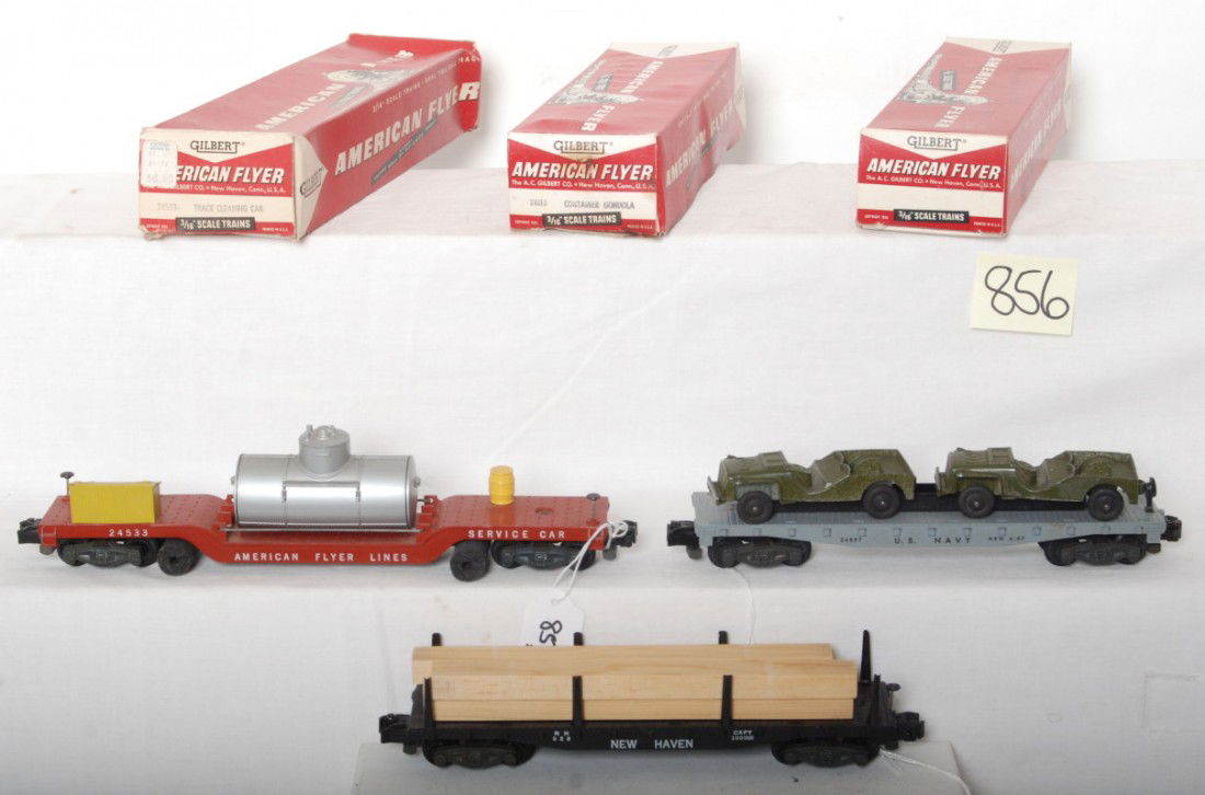 American Flyer 24533, 24515, 24557 in OB: Postwar American Flyer S ga. 24533 track cleaner, 24515 New Haven lumber, 24557 U.S. Navy Jeep transport, C7. Boxes are C6-7.