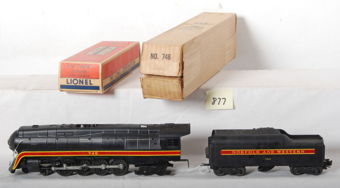 Lionel 746 N&W J class loco in OB: Postwar Lionel O ga. 746 N&W J class streamline loco and 746W tender in OB, C8.