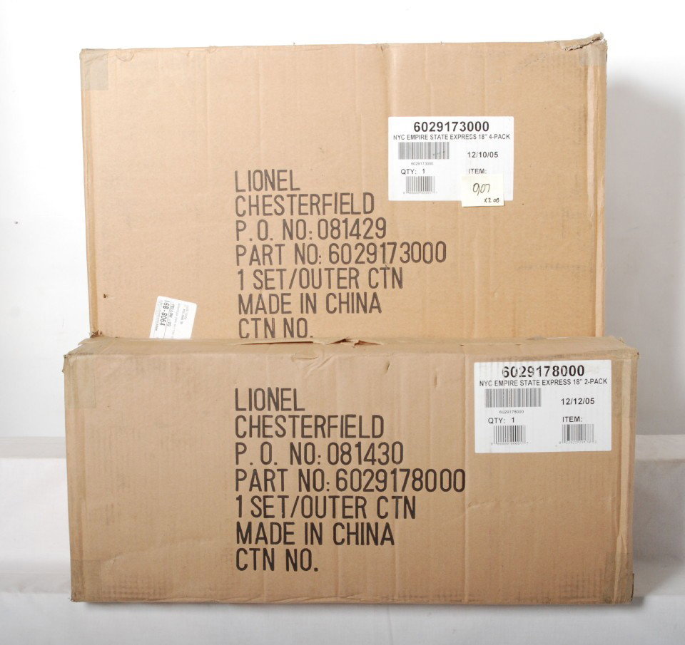 Lionel NYC Empire state passenger cars and add ons: Lionel modern O gauge New York Central Empire State Express passenger cars in OBs. Includes 29173 four pack and 29178 two car add on. Cars are factory sealed in the master cartons and cars are assumed