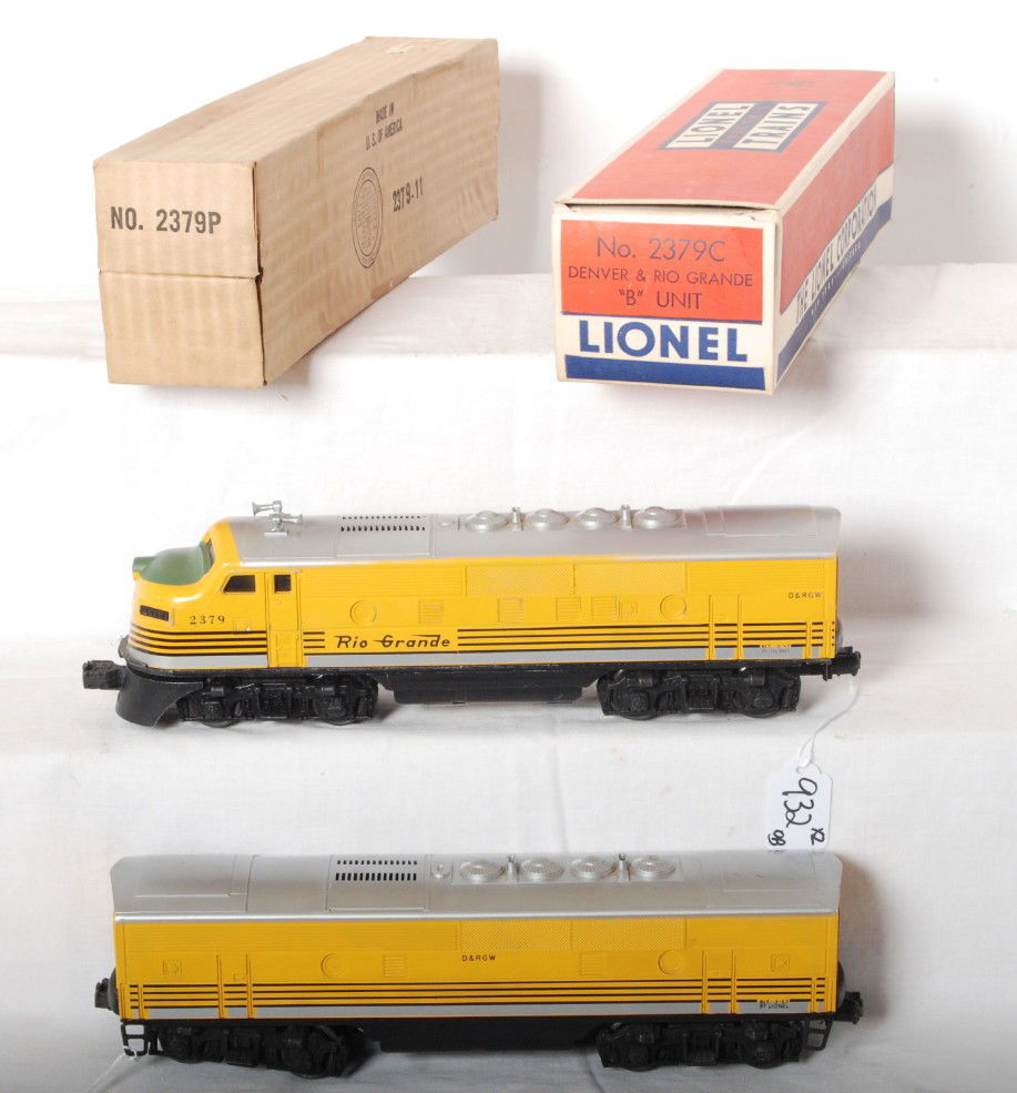 Lionel 2379 Rio Grande F3 AB units, OB: Lionel postwar O gauge 2379 Rio Grande F3 AB units, power unit is nice C6+. B unit is C7. POB has all flaps, missing tape on side, C7-8. COB is C8+, no insert.