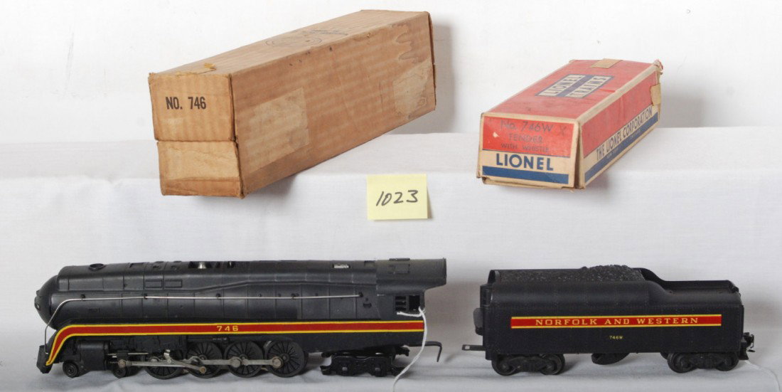 Lionel 746 Norfolk and Western J class, OB: Lionel postwar O gauge 746 Norfolk and Western J class steam loco and 746W tender. Both are nice C7. Boxes are worn.