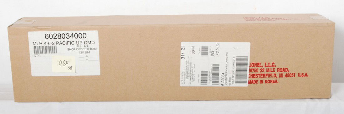 Lionel 28034 Union Pacific 4-6-2 steam locomotive: Lionel modern O gauge 28034 Union Pacific steam locomotive in OB. Loco features TMCC, Railsounds, Electrocoupler, smoke unit and much more. Loco is factory sealed in the master carton C10.