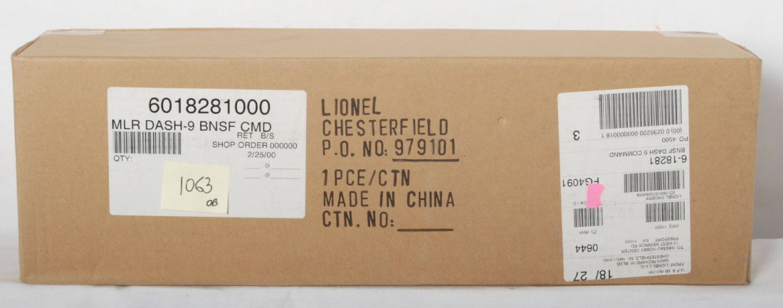 Lionel 18281 BNSF Dash 9 diesel locomotive with T: Lionel modern O gauge 18281 BNSF Dash 9 diesel locomotive in OB. Loco features TMCC, Railsounds, Electrocouplers, and much more. Loco is factory sealed in the master carton C10.