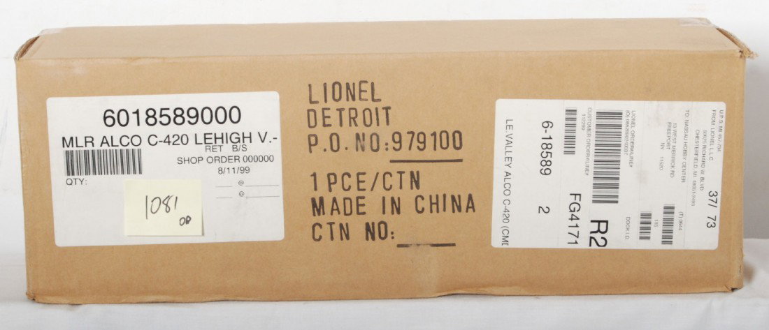 Lionel 18589 Lehigh Valley Alco C-420 with TMCC: Lionel modern O gauge 18589 Lehigh Valley Alco C-420 diesel locomotive in OB.Loco features TMCC, Railsounds, Electrocouplers, and much more. Loco is factory sealed in the master carton C10.