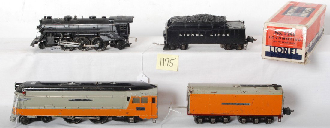 Lionel 224E w/2224W and 250-5 w/250-W steam locos: Prewar Lionel O gauge 224E steam locomotive with 222W whistle tender and 250-E Milwaukee Road Hiawatha steam locomotive with 250-W whistle tender with freight truck. Trains look C5-6. 250-E has some v