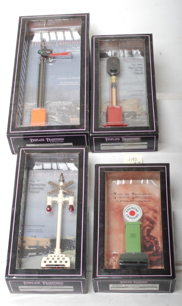 4 MTH Std. gauge signals 80, 99, 87, 79: MTH modern standard gauge tinplate signals in OBs. Four signals include 10-1047 No. 80 semaphore, 10-1048 No. 99 block signal, 10-1096 No. 87 crossing signal, and 10-1046 No. 79 highway signal. Items 