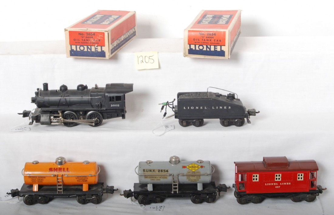 Lionel 1662, 2203T, 2654 in OB, 2654 in OB, 657: Prewar Lionel O gauge 1662 steam switcher, 2203 slope back tender w/backup light, 2654 Sunoco oil tank, 2654 Shell oil tank, and 657 caboose, C7 area. Two 2654 boxes, one missing flaps, both square an