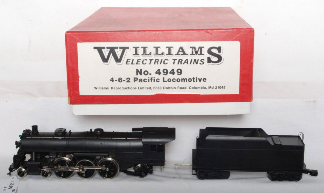 Williams 4949 Pacific 4-6-2 brass 3 rail in OB un: Modern era Williams Electric Trains 4949 Pacific 4-6-2 steam locomotive and tender in original box with nice foam insert, C8-9 test run/super lightly run. Box shows a little very minor wear.