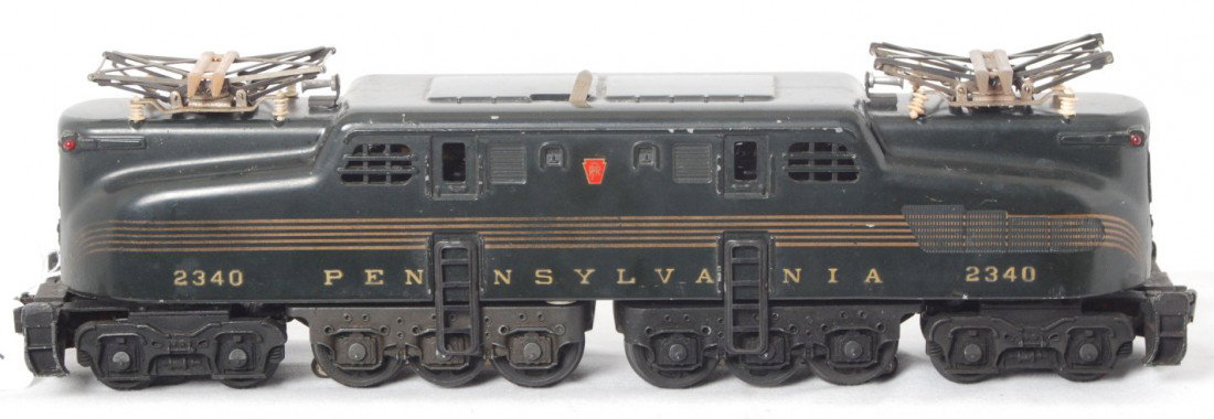 Lionel 2340 green Pennsylvania GG-1 electric loco: Postwar Lionel O ga. 2340 dark green Pennsylvania GG-1 electric locomotive, slightly stronger stripes on one side, C6.