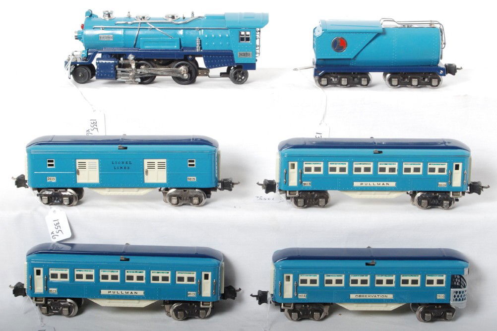 Lionel prewar O ga. Blue Comet passenger train: Prewar Lionel O ga. Blue Comet steam passenger train that has been very nicely restored, C7. 263E steam loco, 2263W whistle tender, two 2613 Pullman coaches, 2614 observation, and 2615 baggage.