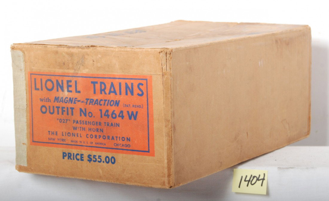 Lionel Anniversary set box only 1464W: Lionel postwar O gauge set box only 1464W. This is the 1950 set box for the yellow 2023 Anniversary set with 2481, 2482 and 2483 passenger cars. Set box is complete, some discoloration, C7.