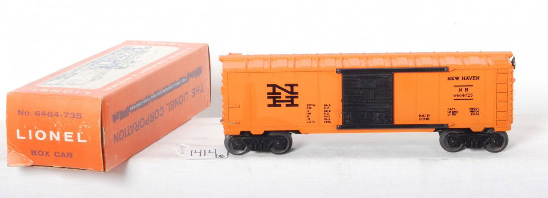 Mint Lionel 6464-725 New Haven boxcar, OB: Lionel postwar O gauge 6464-725 New Haven boxcar, unrun, C9-10. OB C9.