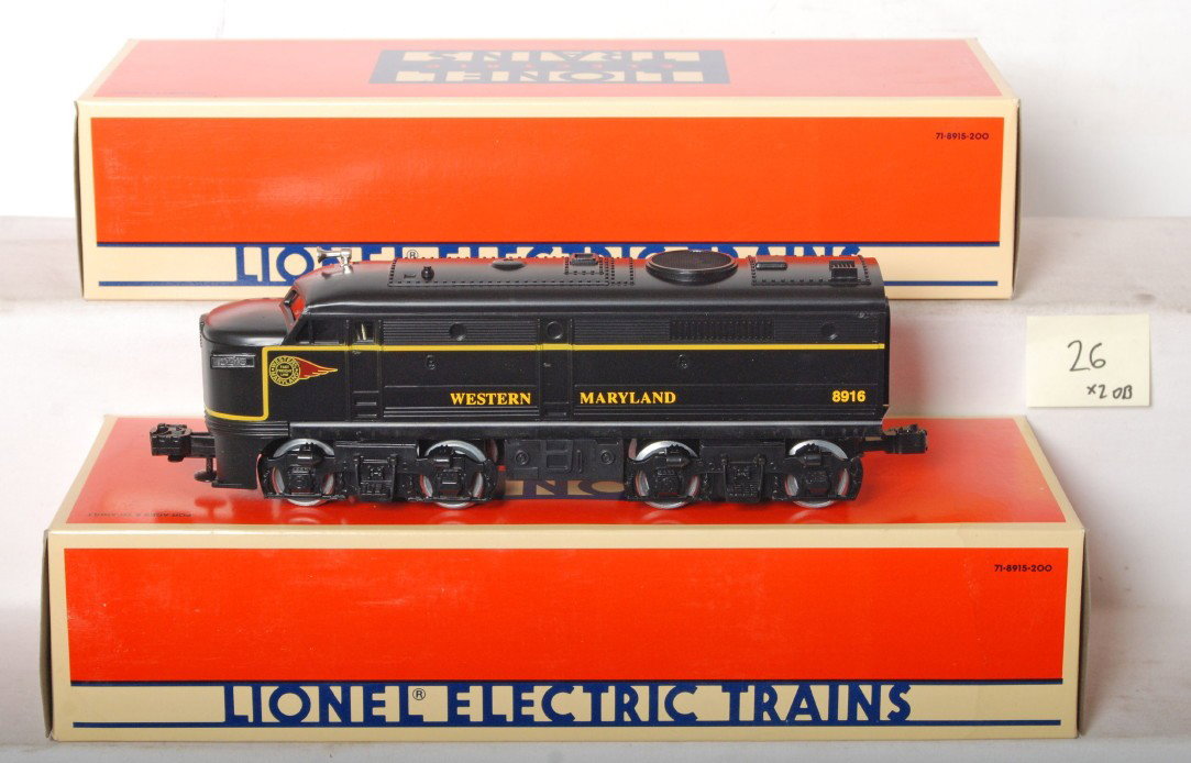 Lionel Western Maryland Alco A-A 18915 18916: Lionel modern O gauge Western Maryland Alco A-A set in OB. Catalog numbers are 18915 and 18915. Locos are C9-10 one powered one dummy with a horn.