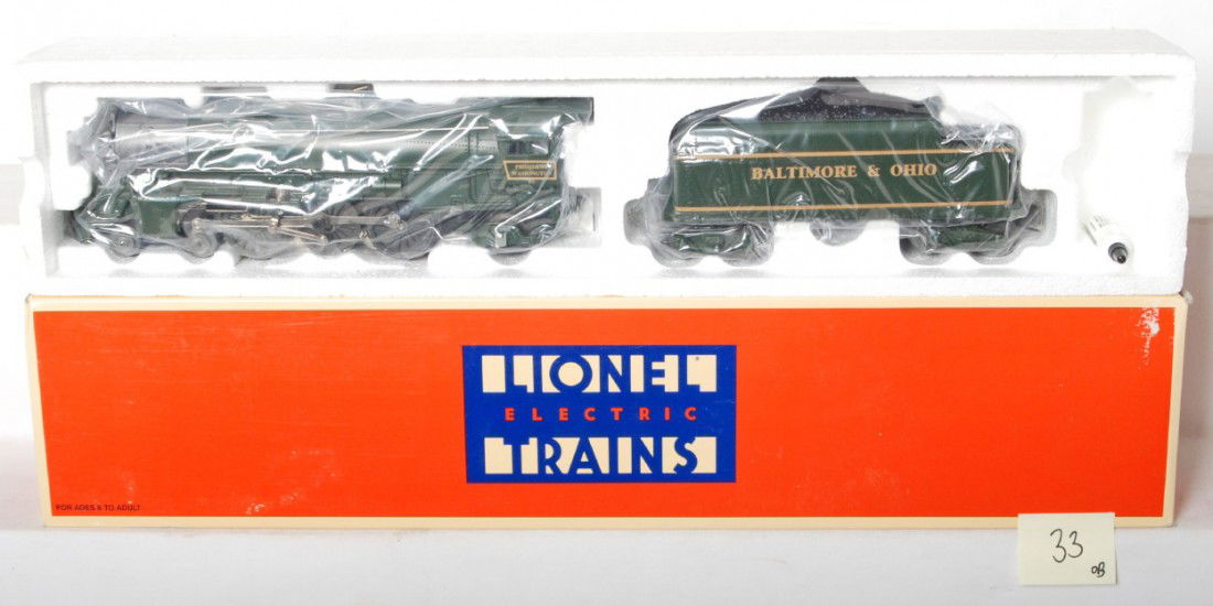 Lionel 18636 Baltimore and Ohio 4-6-2: Lionel modern O gauge 18636 Baltimore and Ohio 4-6-2 steam locomotive in OB. Loco features smoke, whistle and more. Loco is C9-10 with no major signs of run time beyond a factory test. Locomotive orig