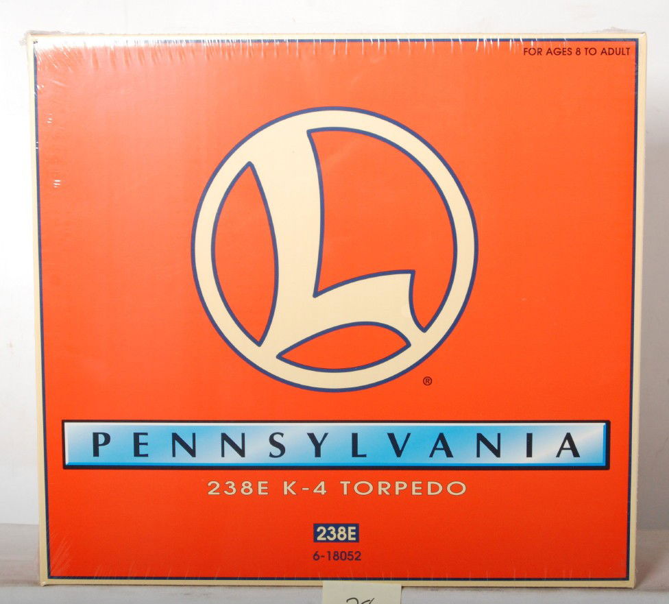 Lionel 18052 238E Torpedo sealed: Lionel modern O Gauge 18052 Pennsylvania 238E Torpedo factory sealed in plastic. Loco features TMCC, Railsounds, Electrocoupler and more. Loco is C9-10.