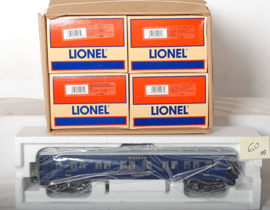 Lionel 19061 Wabash Railway passenger car 4 pack: Lionel modern O gauge 19061 Wabash Railway passenger car 4 pack in OBs, C8-9. 19062; 2631 City of Columbia coach, 19063; 2632 City of Danville coach, 19064; 2360 Wabash Railway Express Agency baggage